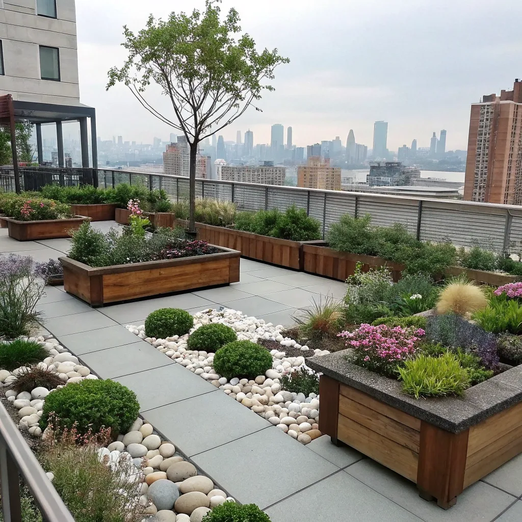 Rooftop garden with various plants and design elements